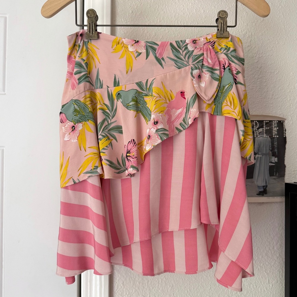 FOR LOVE & LEMONS pink floral bird tropical striped ruffle mini skirt